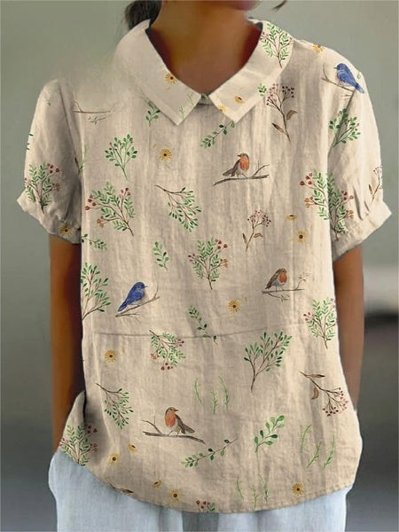 Gina - Camicia casual da donna in cotone e lino con stampa di uccelli, rami e pettirosso