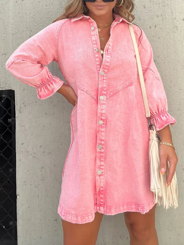 Abito camicia in denim rosa a maniche lunghe