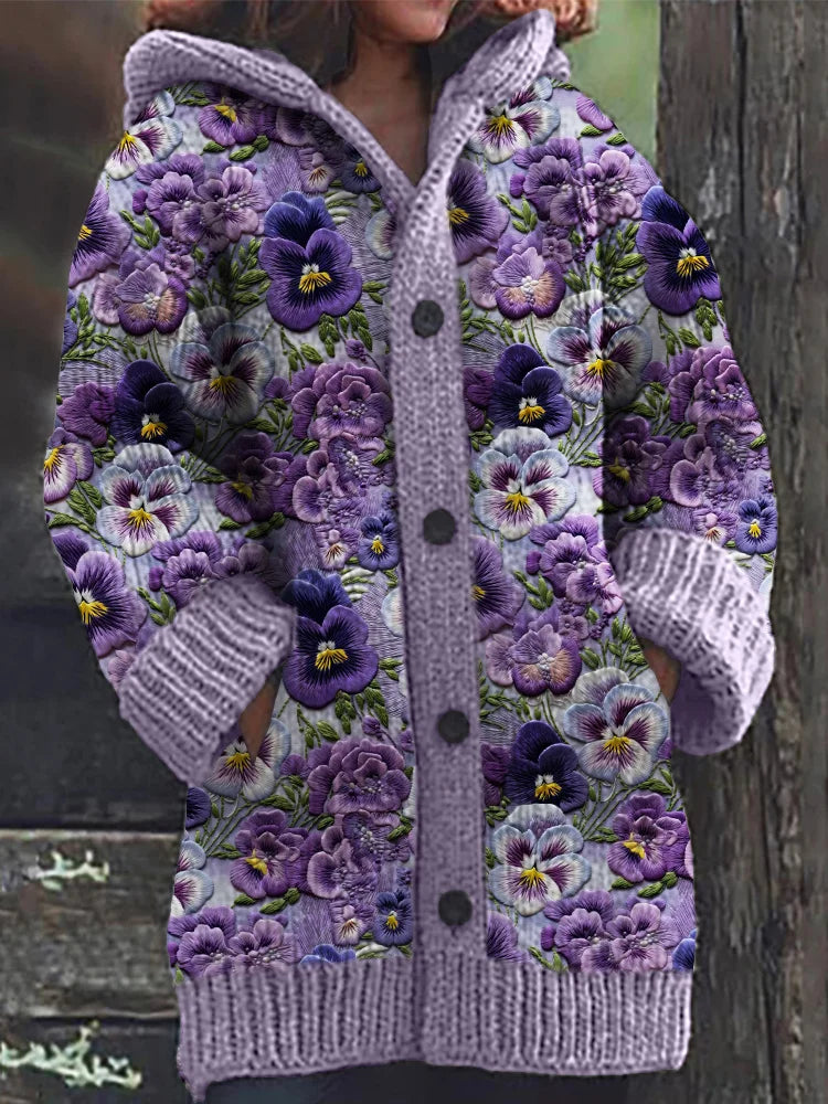 Cardigan con cappuccio e ricami floreali viola