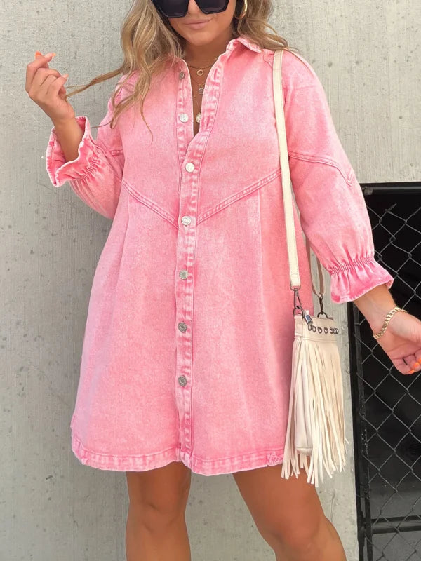 Abito camicia in denim rosa a maniche lunghe