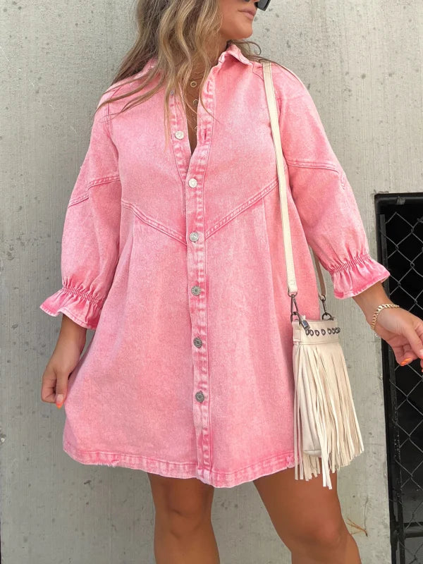 Abito camicia in denim rosa a maniche lunghe