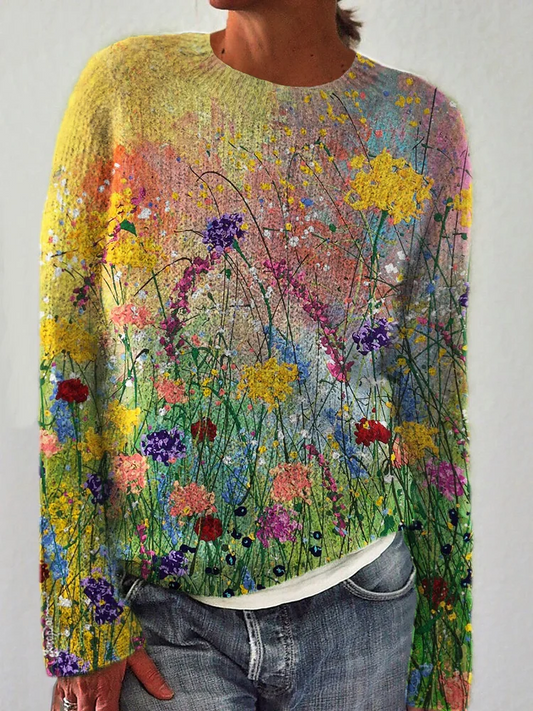 Accogliente maglione con pittura ad olio a fiori