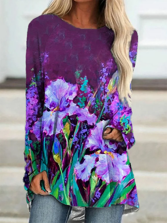 Maglietta a maniche lunghe con pittura artistica dell'iride viola