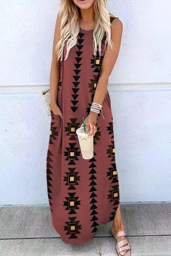 Celina - Maxi abito in maglia con stampa geometrica Hippie e tasche