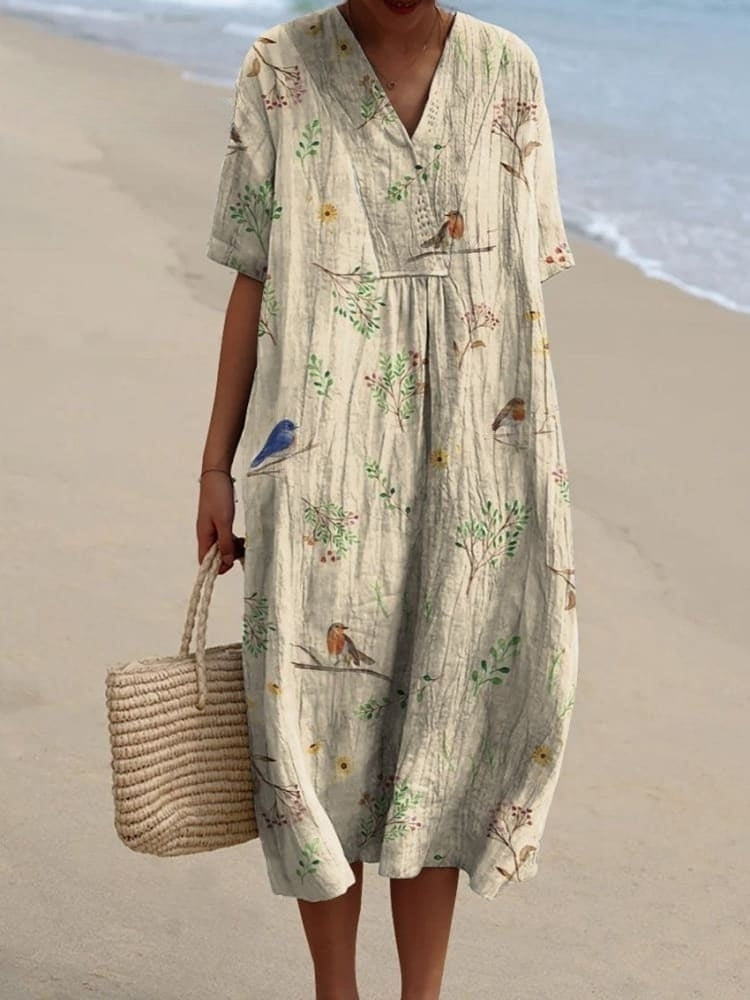 Lucia - Camicia casual da donna in cotone e lino con stampa di rami, uccelli e pettirosso