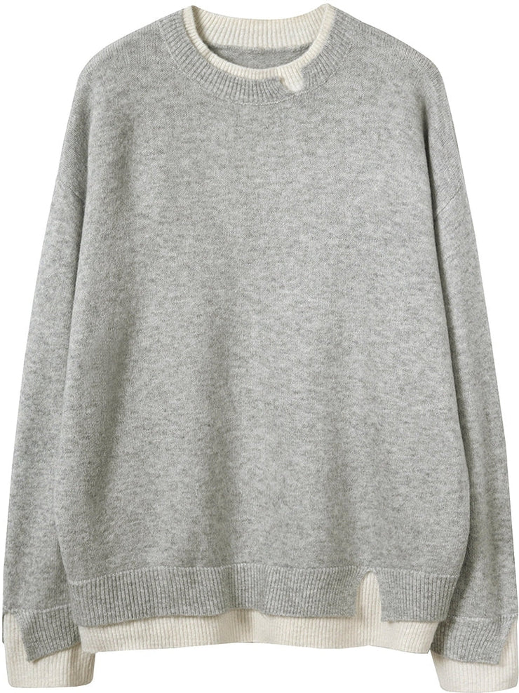 Maglione twofers grigio e bianco con taglio oversize e maniche lunghe