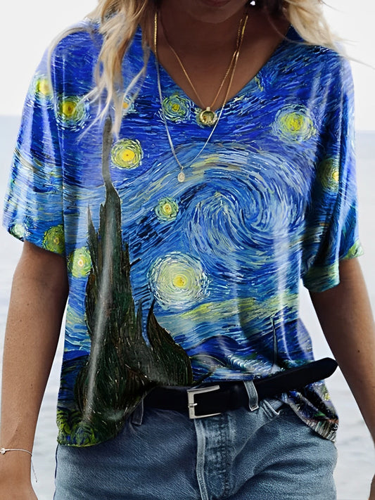 T-shirt cielo stellato di Van Gogh con scollo a V stampato