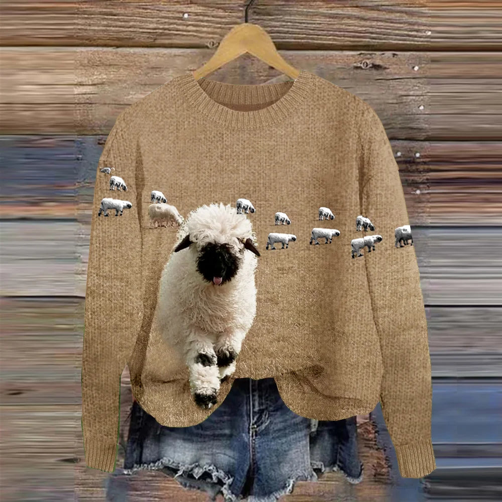 Accogliente maglione lavorato a maglia con scollo rotondo e stampa Stray Sheep