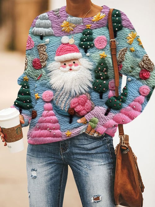 Maglione Natalizio Rosa con Motivo Babbo Natale da Donna