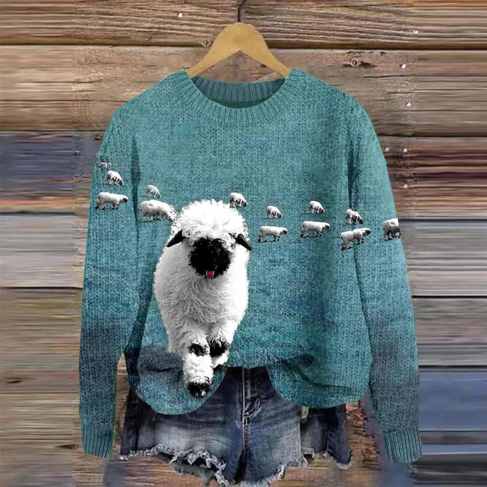 Accogliente maglione lavorato a maglia con scollo rotondo e stampa Stray Sheep