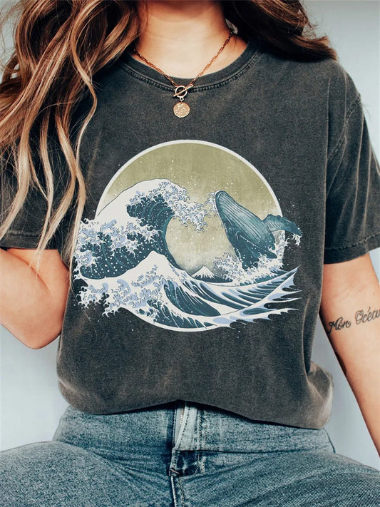 Maglietta Koszulka Vintage Washed Japanese Art Whale Breach