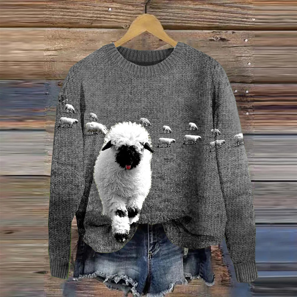 Accogliente maglione lavorato a maglia con scollo rotondo e stampa Stray Sheep